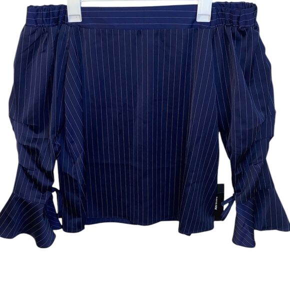 STOREE DAILY LOOK Navy Blue Off the Shoulder Pin Stripe Women’s Top - Picture 1 of 7